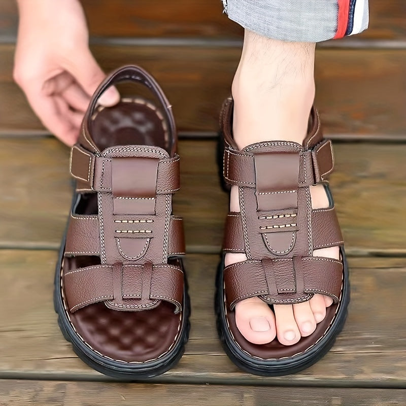 2023 New Men's Genuine Leather Casual Beach Sandals - Slip-On Adjustable Straps, Soft PU Sole, Breathable Summer Vacation Shoes for Driving & Outdoor Activities (Solid Color), Summer Sandals