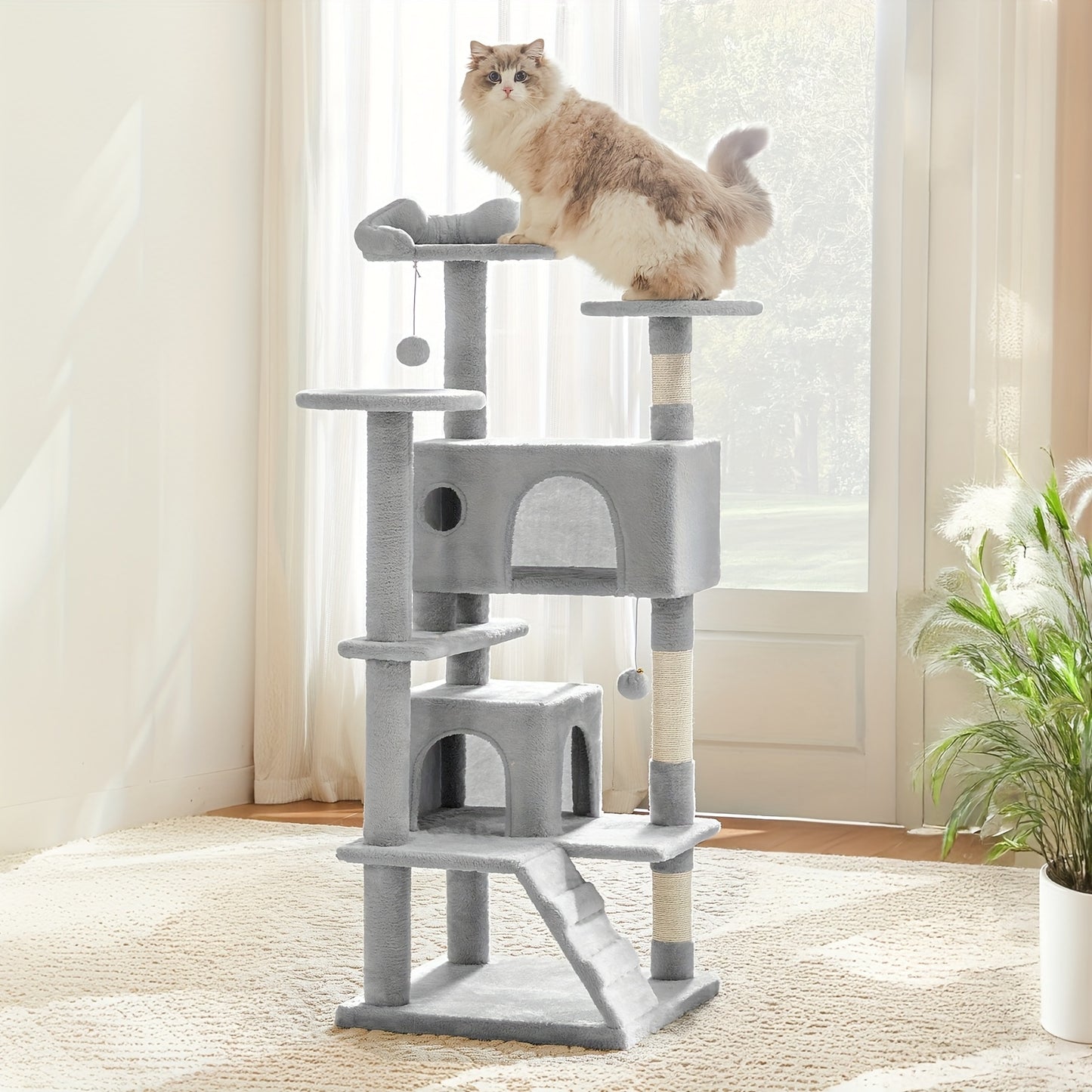 54in Cat Tree for Indoor Cats, Multi-Level Cat Tree Tower with Sisal Scratching Post, Pet House with 2 Large Condo Bed, Kitty, Kitten Toy Tree Tower, Cat Tree for Large Small Cats with Anti-Tilt Device