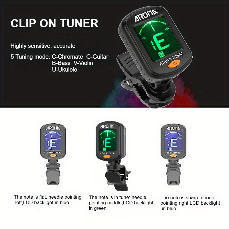 Guitar Tuner / 1-Pack Guitar Tuner, Clip on Tuner for Guitar/ Bass/ Violin/ Ukulele, Auto Power Off/ One Button Operation