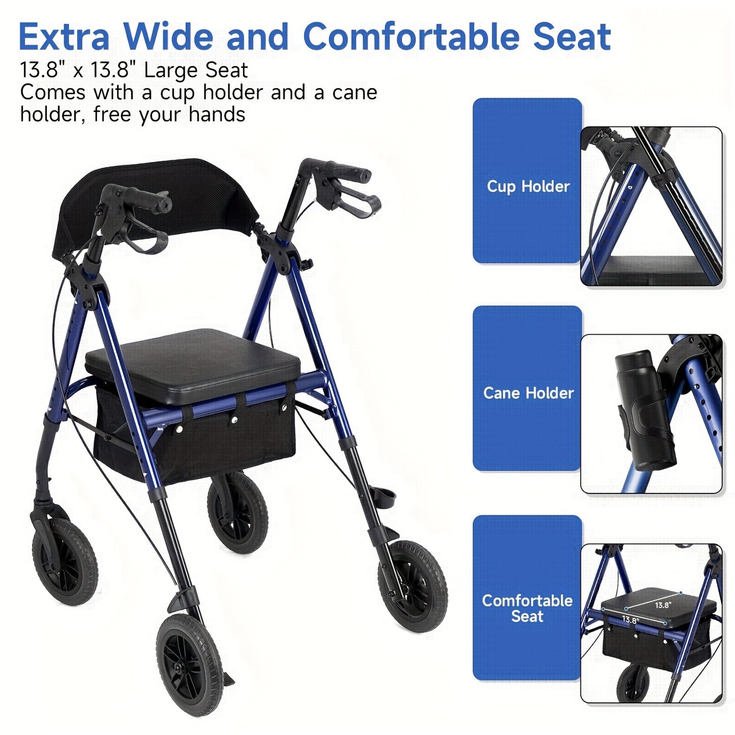 "8"" Inch Big Wheel All-Terrain Rollator Walker with Tray, Padded Seat & Backrest, Under-Seat Basket for Seniors"