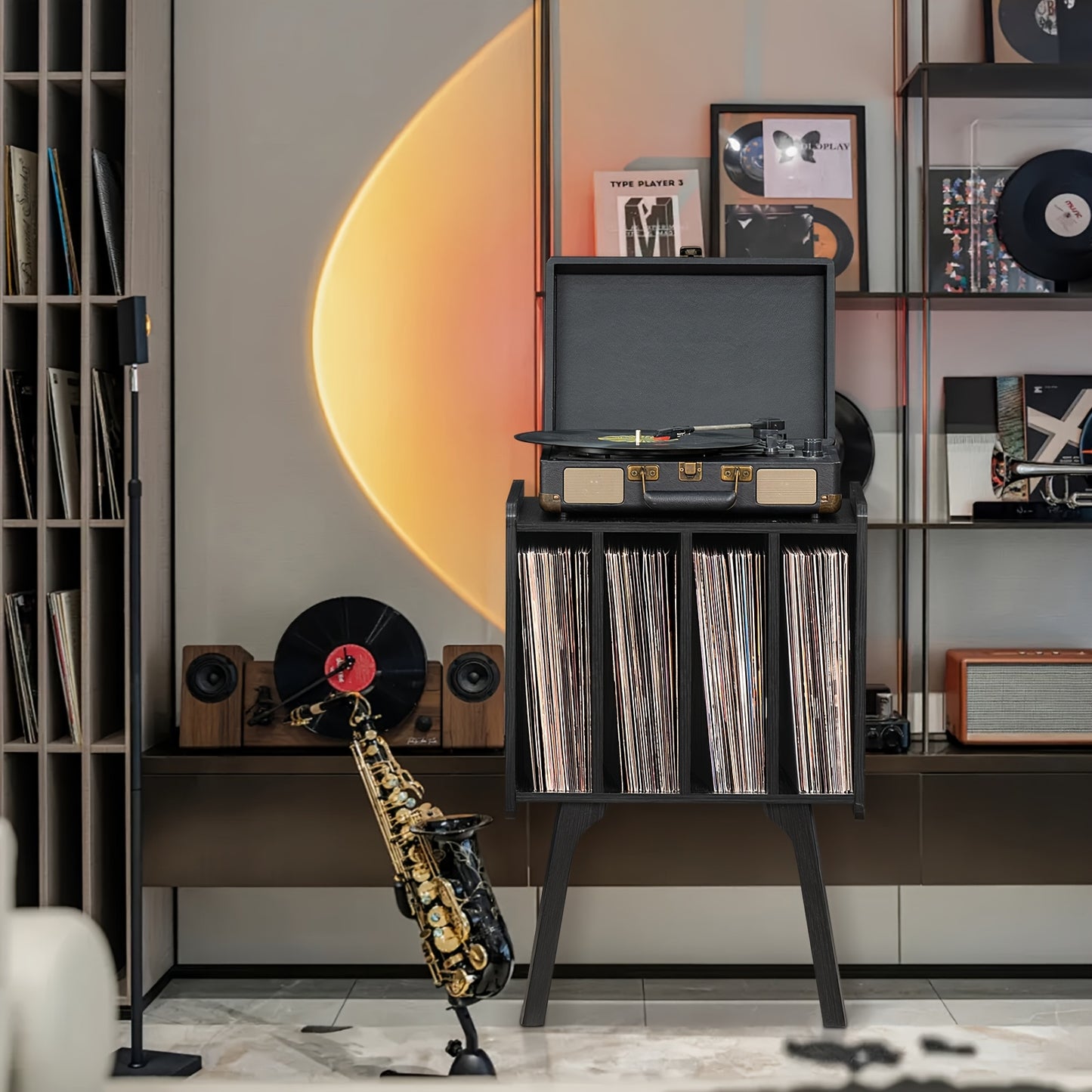 Record Player Stand, Black Vinyl Record Storage Table With 4 Cabinet Up To 100 Albums, Mid-Century Turntable Stand With Wood Legs, Vinyl Holder Display Shelf For Lab