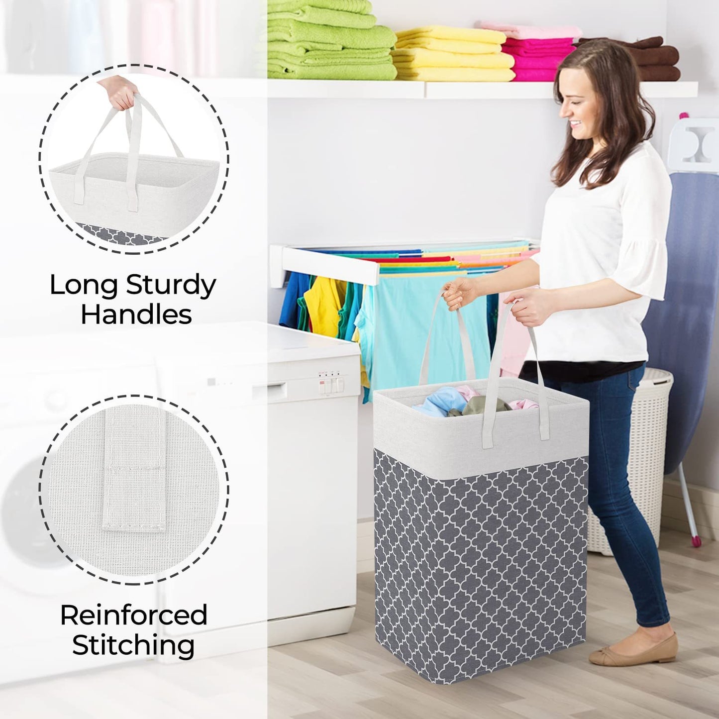 Laundry Basket / Vivicreate Laundry Basket Hamper Large Collapsible Laundry Hamper with Easy Carry Handles / Free-standing Clothes Hampers for Laundry, Bedroom, Dorm, Clothes, Towels, 75L, Clover Grey