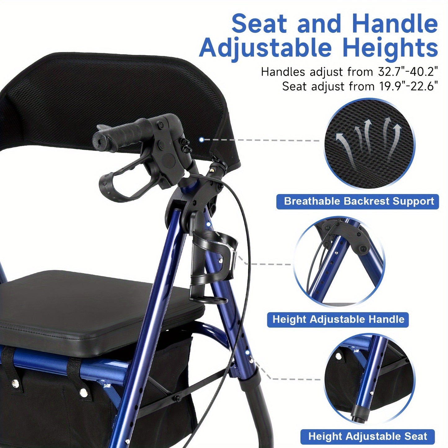 "8"" Inch Big Wheel All-Terrain Rollator Walker with Tray, Padded Seat & Backrest, Under-Seat Basket for Seniors"