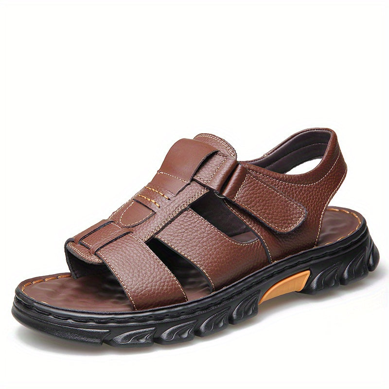 2023 New Men's Genuine Leather Casual Beach Sandals - Slip-On Adjustable Straps, Soft PU Sole, Breathable Summer Vacation Shoes for Driving & Outdoor Activities (Solid Color), Summer Sandals