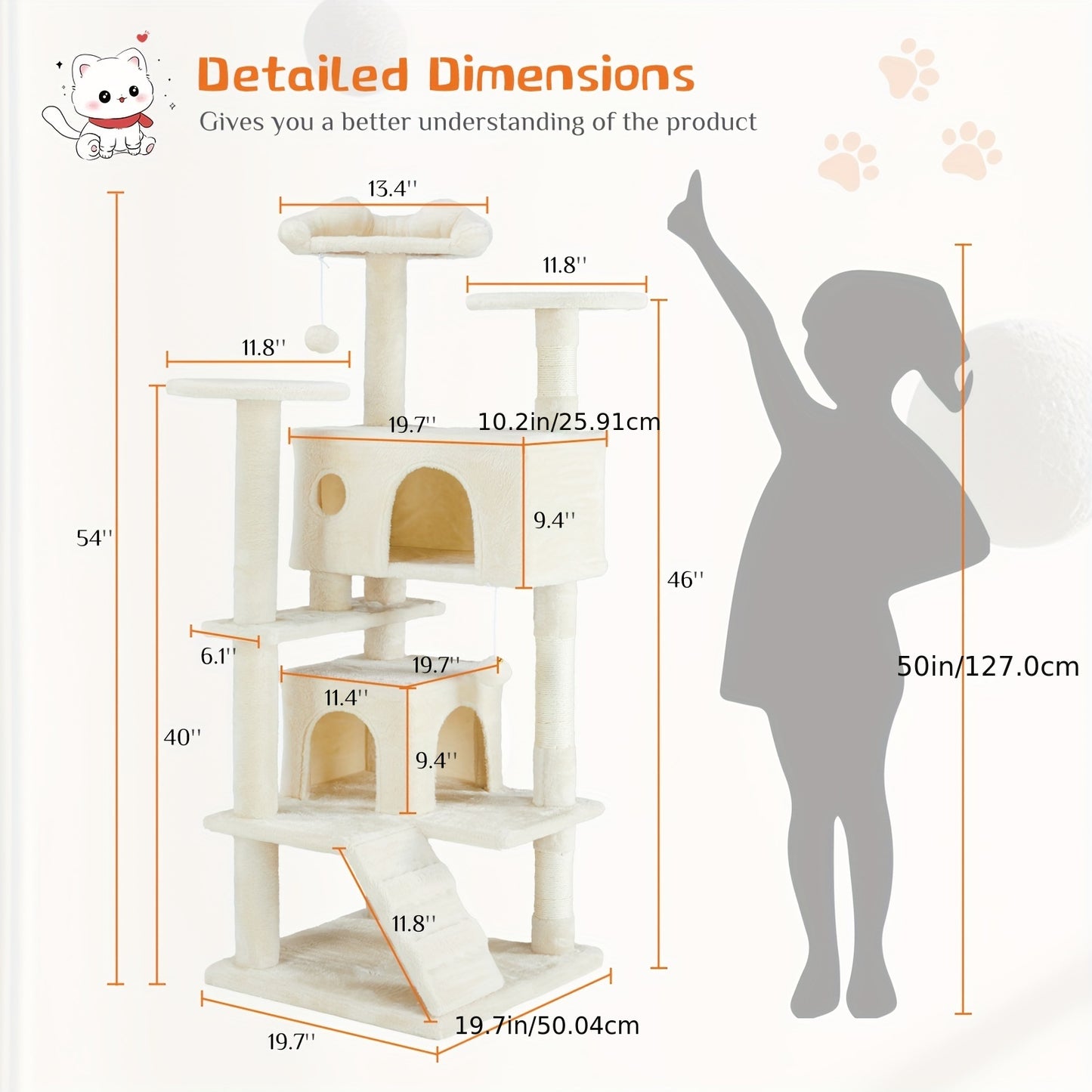 54in Cat Tree for Indoor Cats, Multi-Level Cat Tree Tower with Sisal Scratching Post, Pet House with 2 Large Condo Bed, Kitty, Kitten Toy Tree Tower, Cat Tree for Large Small Cats with Anti-Tilt Device