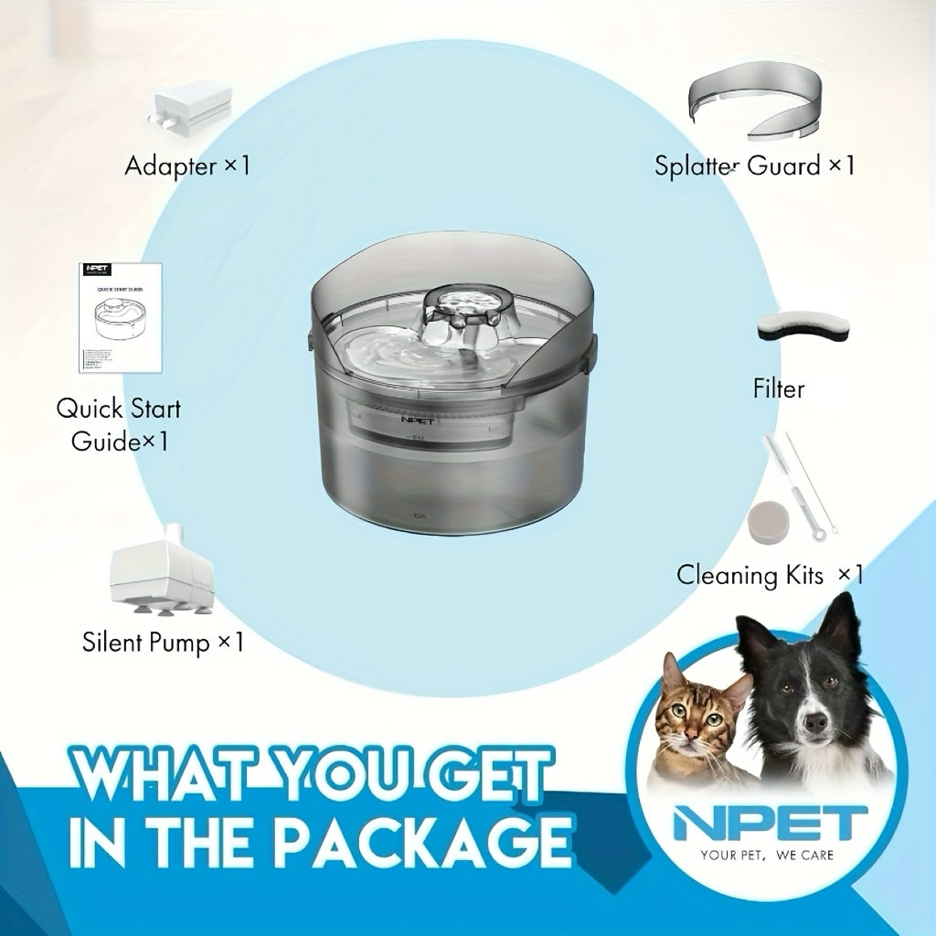 NPET DF30 Dog Water Fountain, 2 Gallon/270oz/8L Large Automatic Dog Water Bowl Dispenser, Pet Water Fountain with Splatter Guard, Cleaning Kit for Large Dogs & Multiple Pets, Without Battery