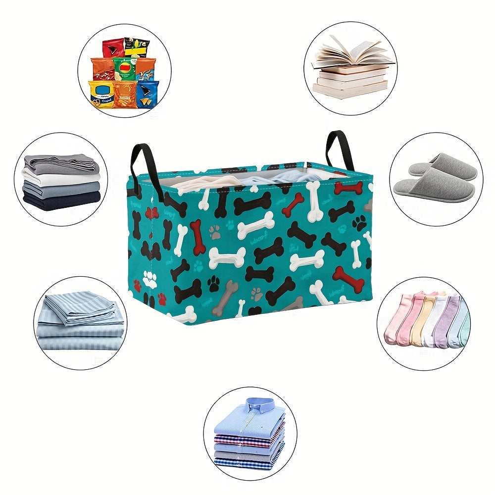 Pet Toy Organizer / 1pc Extra Large Teal Dog Paw Bones Pattern Storage Basket, Foldable Oxford Bin with Metal Frame