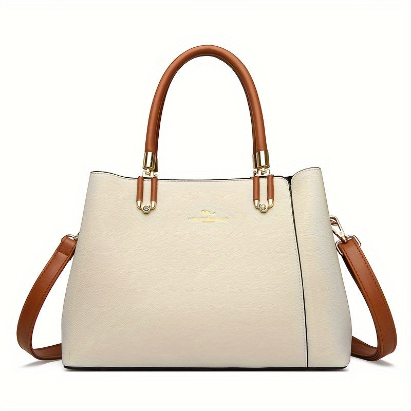 Elegant Women's Handbag with Detachable Adjustable Strap – Large Capacity Satchel, White & Brown Design, Golden-Tone Hardware, Perfect for Work or Casual Outings