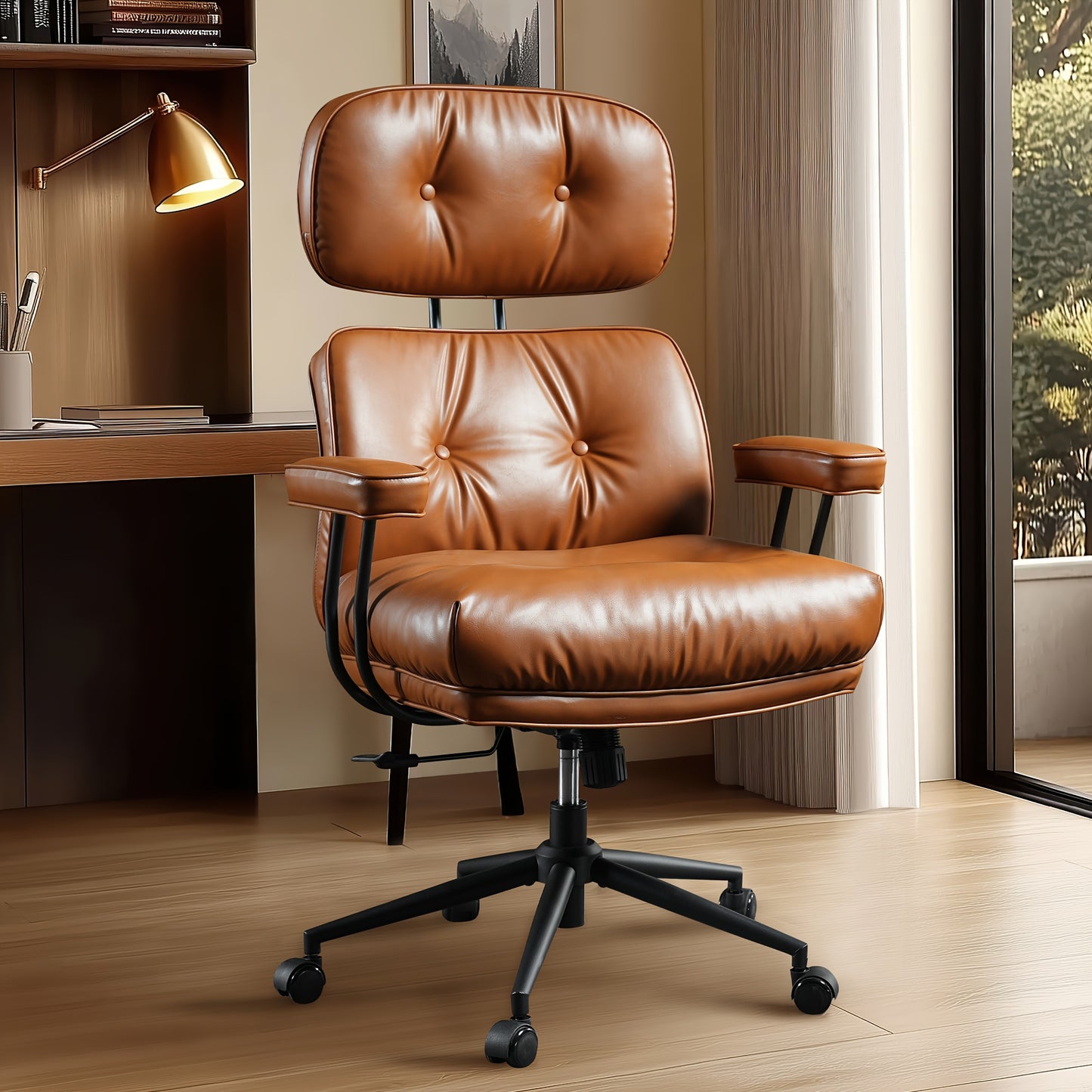 Oversized Modern PU Leather Executive Chair - Ergonomic High-Back Office Chair with Lumbar Support, Adjustable Height & Headrest, Padded Armrests, Heavy-Duty 5-Wheel Base, Manual Recline Mechanism, Smooth-Rolling Wheels for H