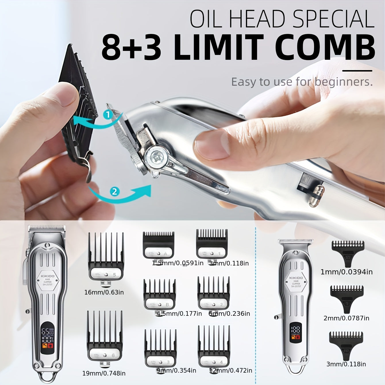 KIKIDO KK-2575T Men's Hair Clipper Set - 2-in-1, High-Speed, Zero Gap Blade, LCD Display, Rechargeable Wireless | 11 Limit Combs, Home & Salon Use