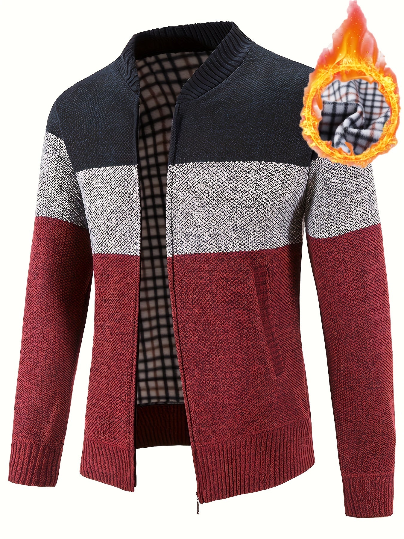Men'S Casual High Neck Fleece Jacket, Color Block Knit Polyester Cardigan, Mid Stretch Zip-Up Fall/Winter Outerwear, Regular Fit with Placket Closure, Thick