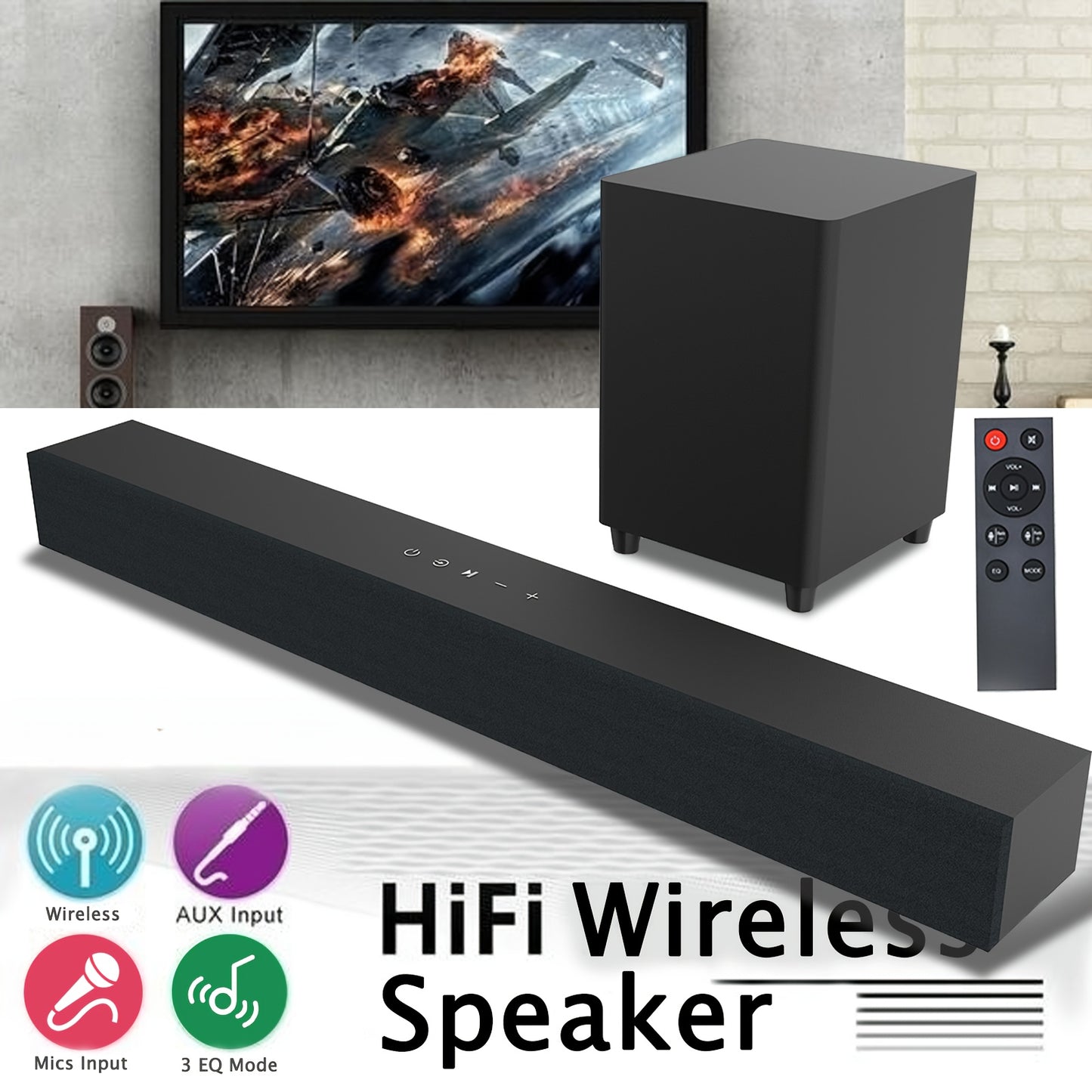 Soundbar / 60W Powerful Soundbar System with Subwoofer - 5.0, Home Theater Speaker with Deep Bass, HDTV-like Audio, USB/AUX//Mic Inputs, Compatible with Smart TV, PC, Gaming, Projector - Easy Setup & Remote Control Included