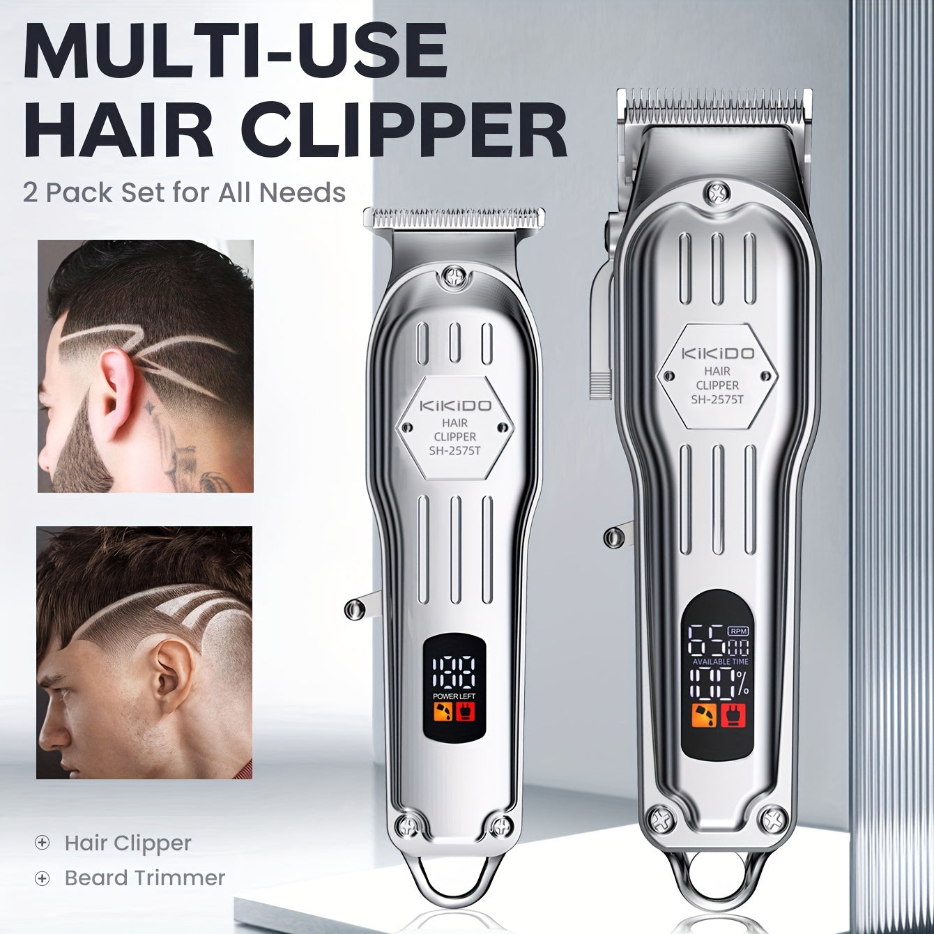 KIKIDO KK-2575T Men's Hair Clipper Set - 2-in-1, High-Speed, Zero Gap Blade, LCD Display, Rechargeable Wireless | 11 Limit Combs, Home & Salon Use