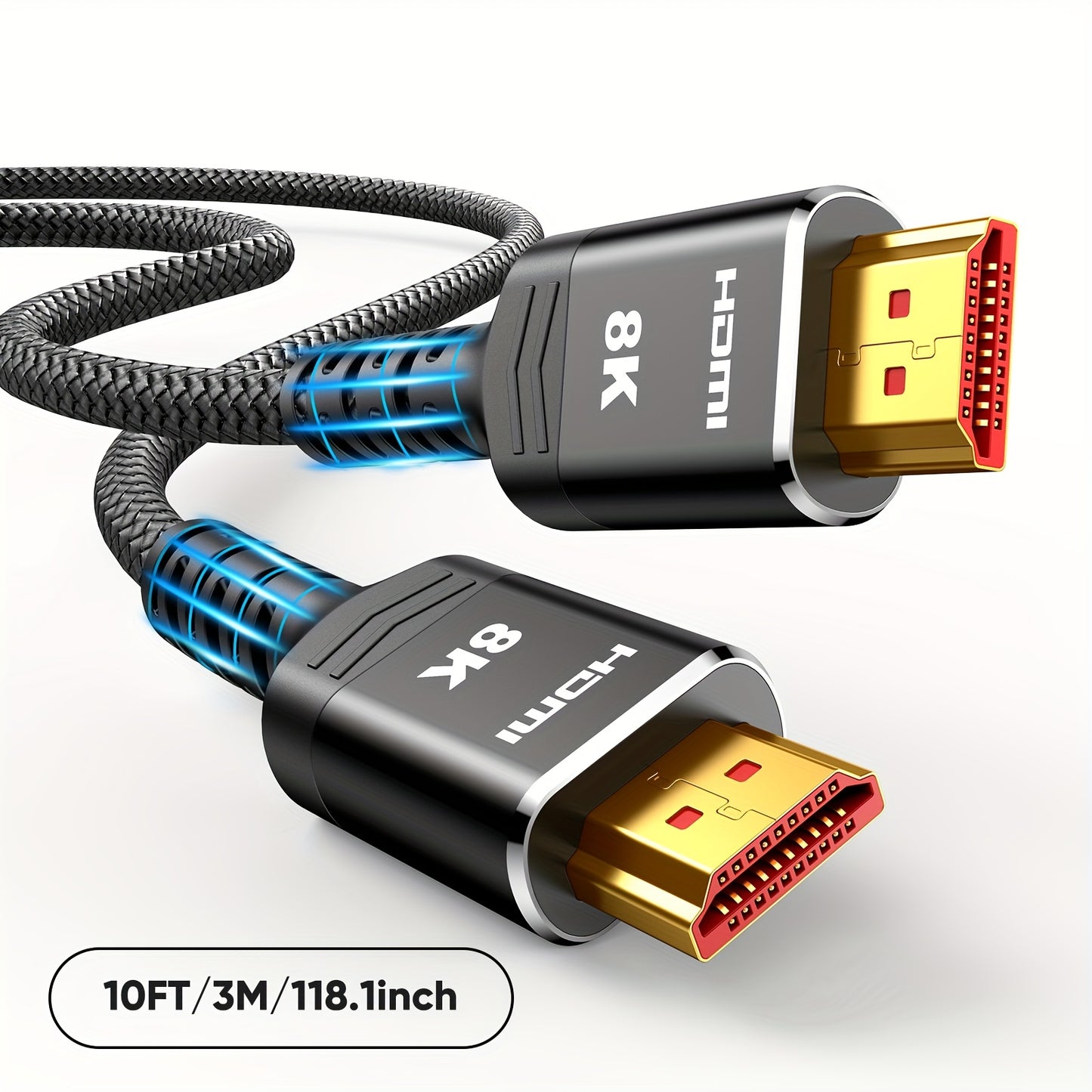 2-Pack 8K 10K HDTV Cable 3.3ft/6.6ft/10ft, 48Gbps High Speed HDTV 2.1 Cord Nylon Braided Slim 8K@60Hz, 4K@120Hz 144Hz, HDCP 2.2&2.3, eARC, Dynamic HDR, DTS:X, RTX 3090, Compatible with Roku TV/HDTV/PS5/Blu-ray