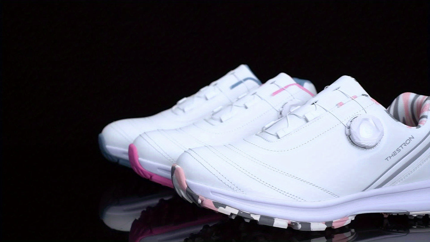 Golf Shoes, THESTRON Women's Professional Golf Shoes - Anti-Slip, All-Season, Large Size 36-43, White & Pink Design with Geometric Pattern, Durable PU Upper & Rubber Sole for Outdoor Golf Training, Ladies Golf Shoes