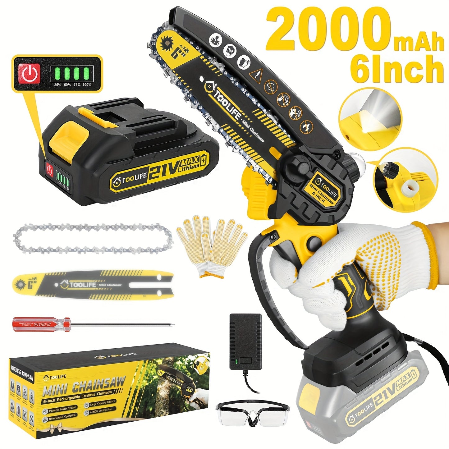 Mini Chainsaw Cordless, 6 Inch Handheld Electric Portable Power Chainsaw, 2 Rechargeable Batteries And Toolbox, Tree Trimming Wood Working & Cutting. Courtyard, Household, Survival Outdoor Tools. Gardening Supplies & Equipmen