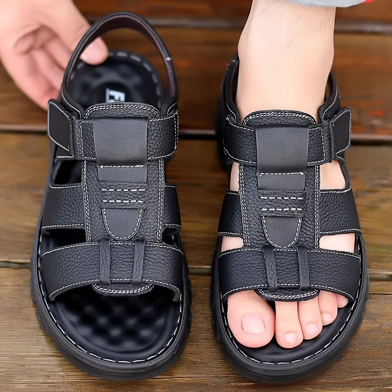 2023 New Men's Genuine Leather Casual Beach Sandals - Slip-On Adjustable Straps, Soft PU Sole, Breathable Summer Vacation Shoes for Driving & Outdoor Activities (Solid Color), Summer Sandals