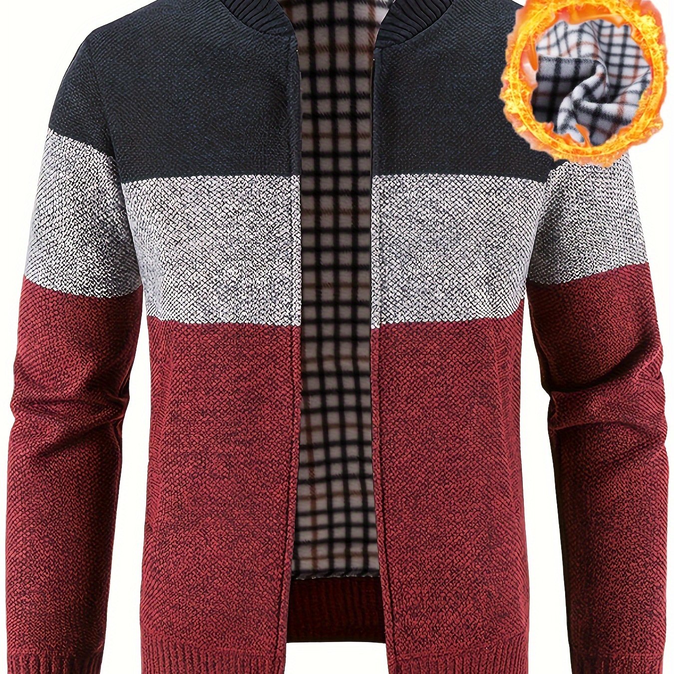 Men'S Casual High Neck Fleece Jacket, Color Block Knit Polyester Cardigan, Mid Stretch Zip-Up Fall/Winter Outerwear, Regular Fit with Placket Closure, Thick