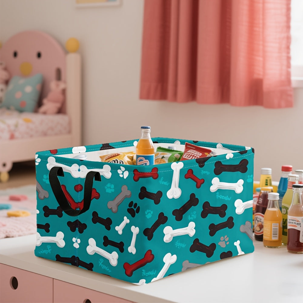 Pet Toy Organizer / 1pc Extra Large Teal Dog Paw Bones Pattern Storage Basket, Foldable Oxford Bin with Metal Frame