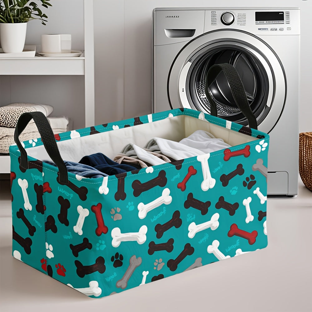 Pet Toy Organizer / 1pc Extra Large Teal Dog Paw Bones Pattern Storage Basket, Foldable Oxford Bin with Metal Frame