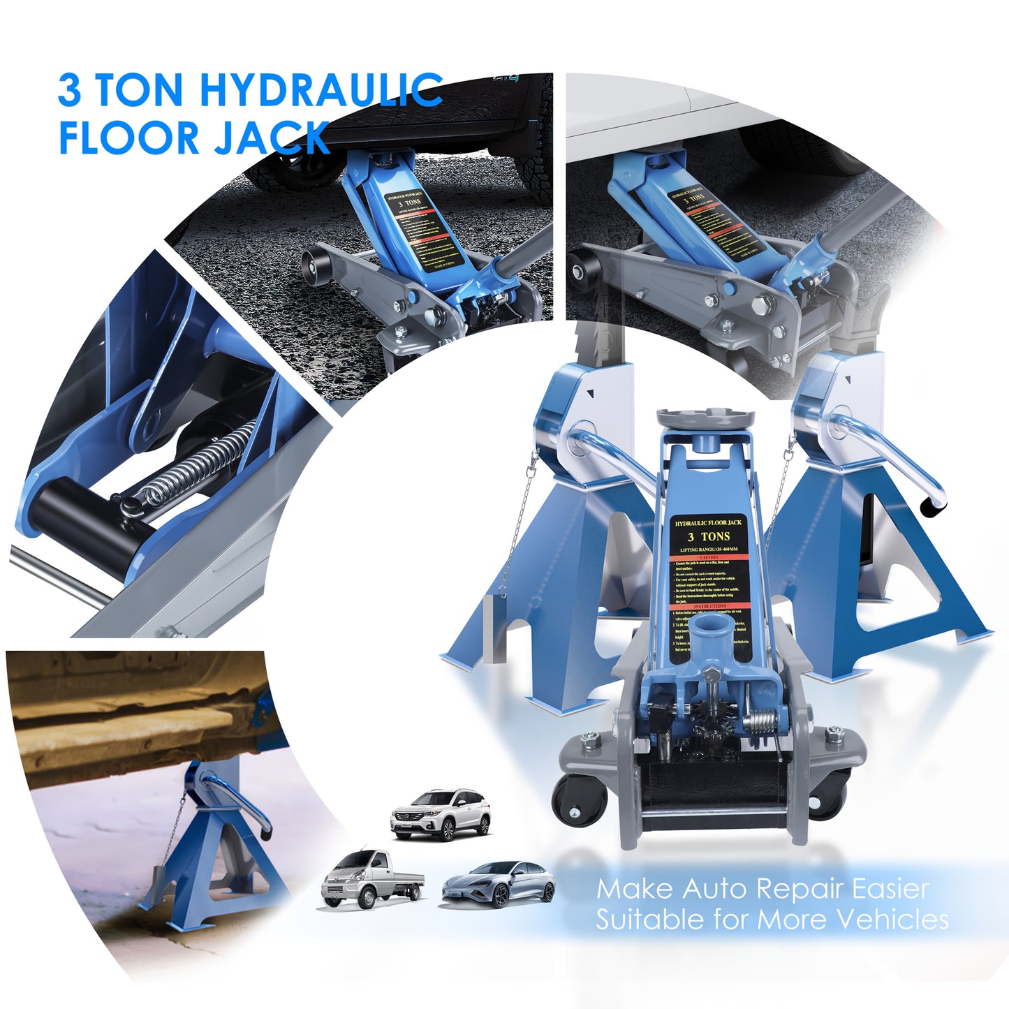 Low-Profile Hydraulic Floor Jack(One) / Jack Stands(1 Pair ) / Combination Of Hydraulic Jack And Jack Stands, Hydraulic Trolley Car Jack, Jack Combo, Small Jack, Capacity 6600 Lbs., For Car shops
