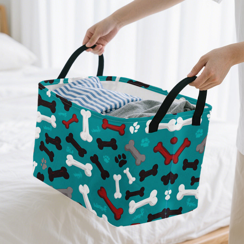 Pet Toy Organizer / 1pc Extra Large Teal Dog Paw Bones Pattern Storage Basket, Foldable Oxford Bin with Metal Frame