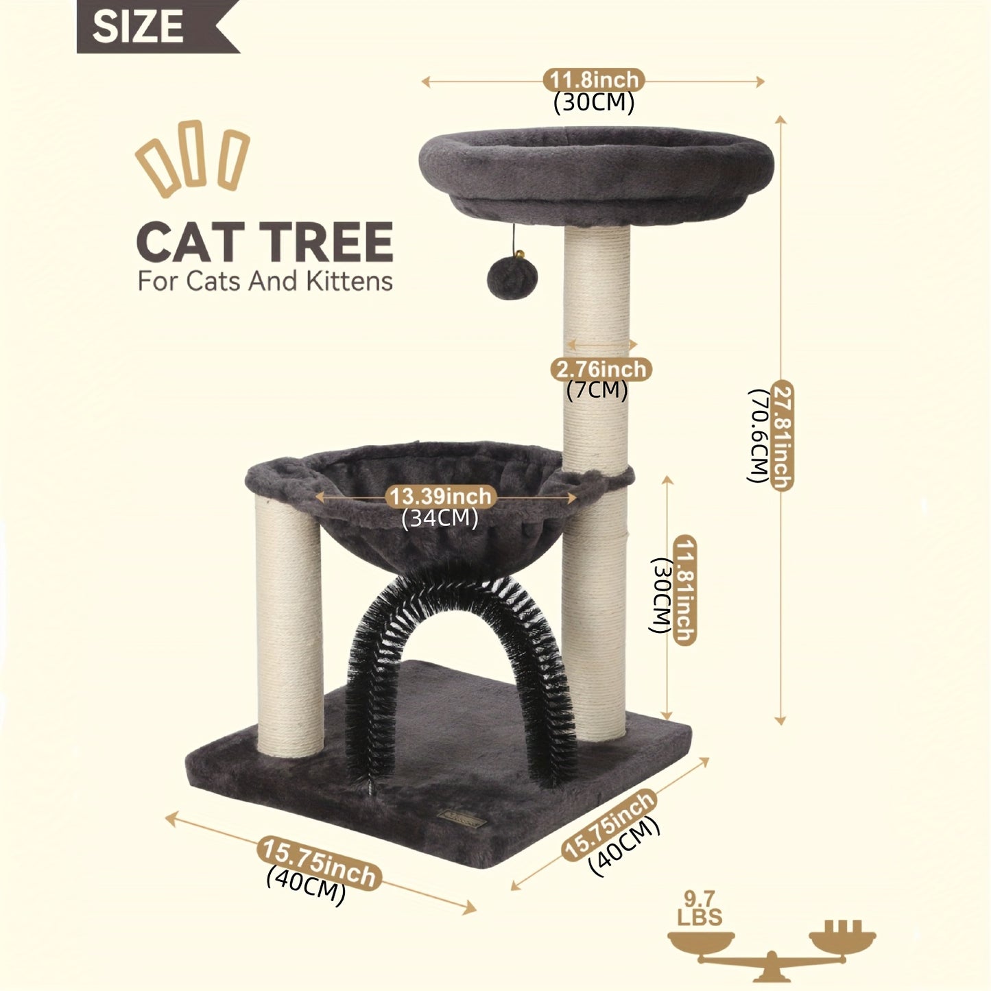 FluffyDream 27.8" Multi-Level Cat Tree Tower for Indoor Cats & Kittens - Creamy Gray Cat Furniture with Scratching Posts, Plush Basket & Perch, Dangling Ball Toy, Sturdy Base & Anti-Topple Design - Easy Assembly, Modern Home