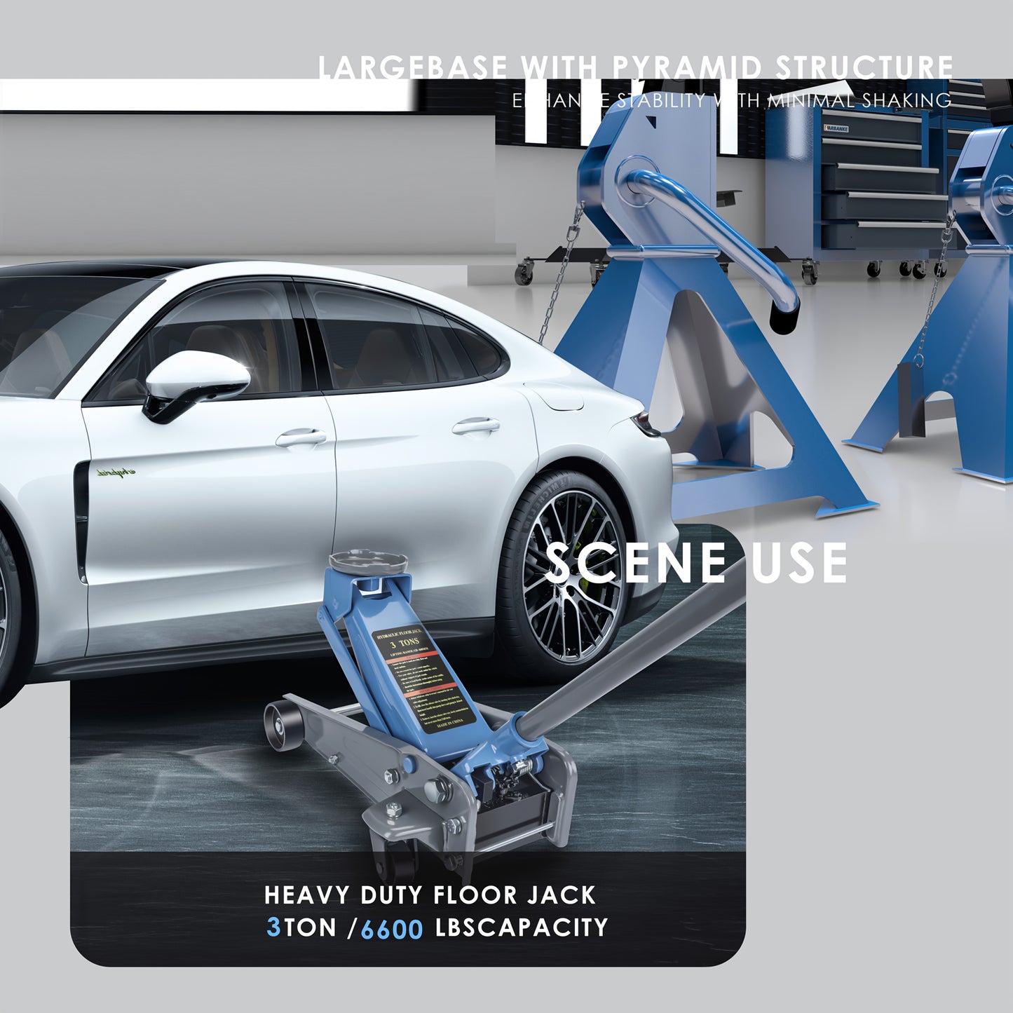 Low-Profile Hydraulic Floor Jack(One) / Jack Stands(1 Pair ) / Combination Of Hydraulic Jack And Jack Stands, Hydraulic Trolley Car Jack, Jack Combo, Small Jack, Capacity 6600 Lbs., For Car shops
