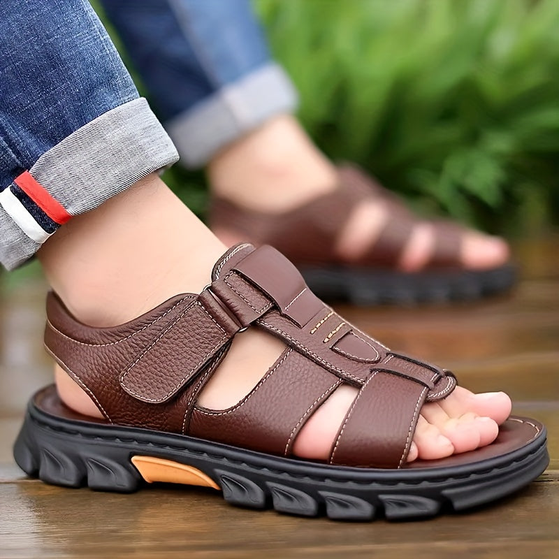 2023 New Men's Genuine Leather Casual Beach Sandals - Slip-On Adjustable Straps, Soft PU Sole, Breathable Summer Vacation Shoes for Driving & Outdoor Activities (Solid Color), Summer Sandals