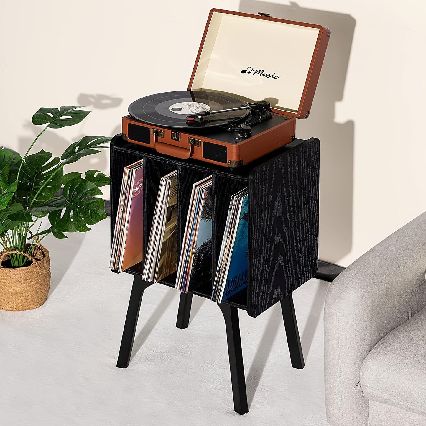 Record Player Stand, Black Vinyl Record Storage Table With 4 Cabinet Up To 100 Albums, Mid-Century Turntable Stand With Wood Legs, Vinyl Holder Display Shelf For Lab