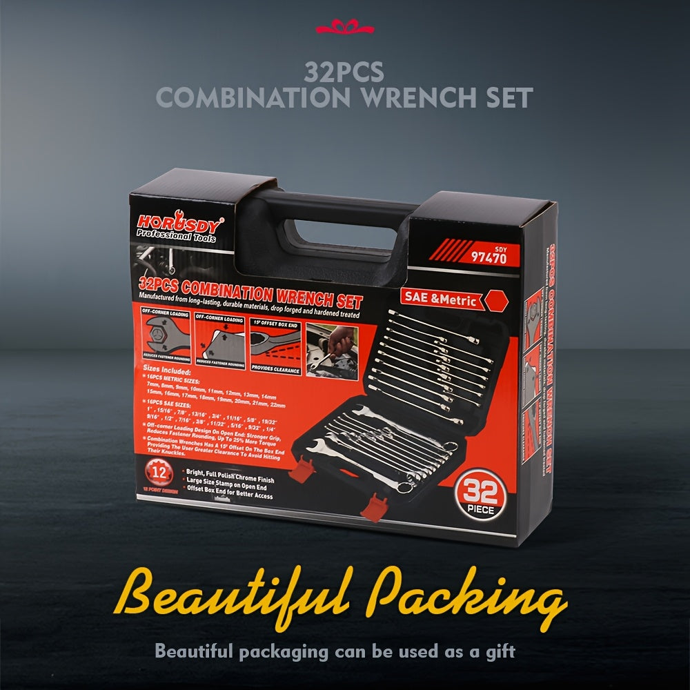32pcs Combination Wrench Set 1/4"-1" & 7mm-22mm SAE And Metric Chrome Vanadium Steel Construction with Case 12 Point Combination Ended Spanner Kits