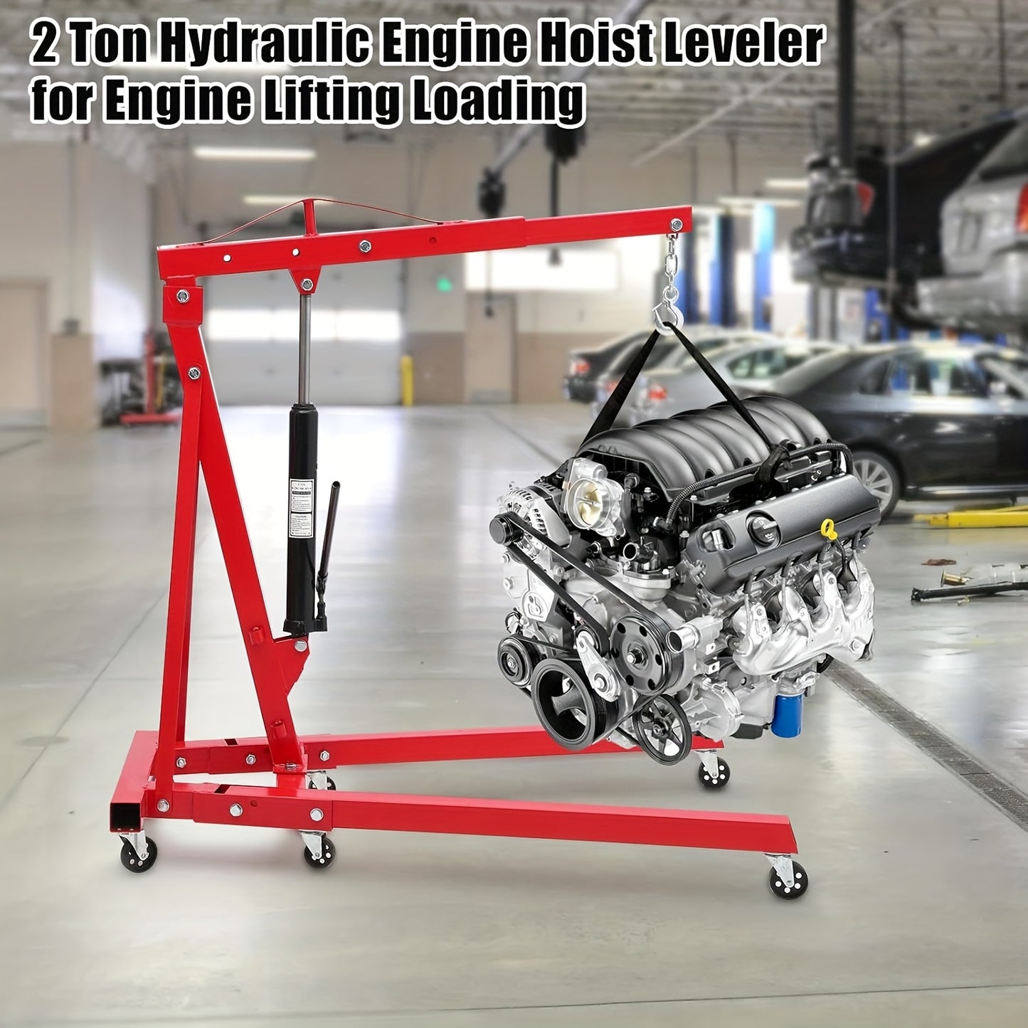 2-Ton Capacity 4400LBS Mobile Hydraulic Engine Hoist with 6 Wheels - Heavy Duty Folding Cherry Picker Crane for Engine Loading & Lifting, Compact Design for Mechanics, Shops, and Construction, Vehicle Maintenance, Robust Cons