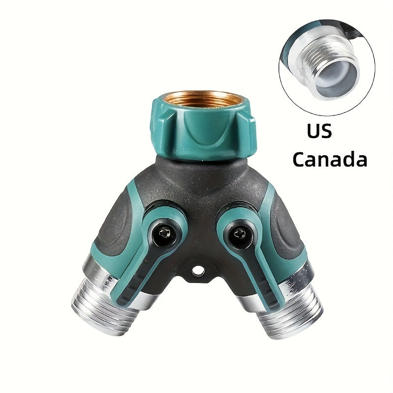 2-Way Watering Hose Connector Adapter - US Standard 3/4 Inch Garden Hose Drip Irrigation Connector with Male & Female Threads, Corrosion-Resistant Black Rubber & Metal Fittings for Lawn & Garden Care, Garden Hose Connector, E