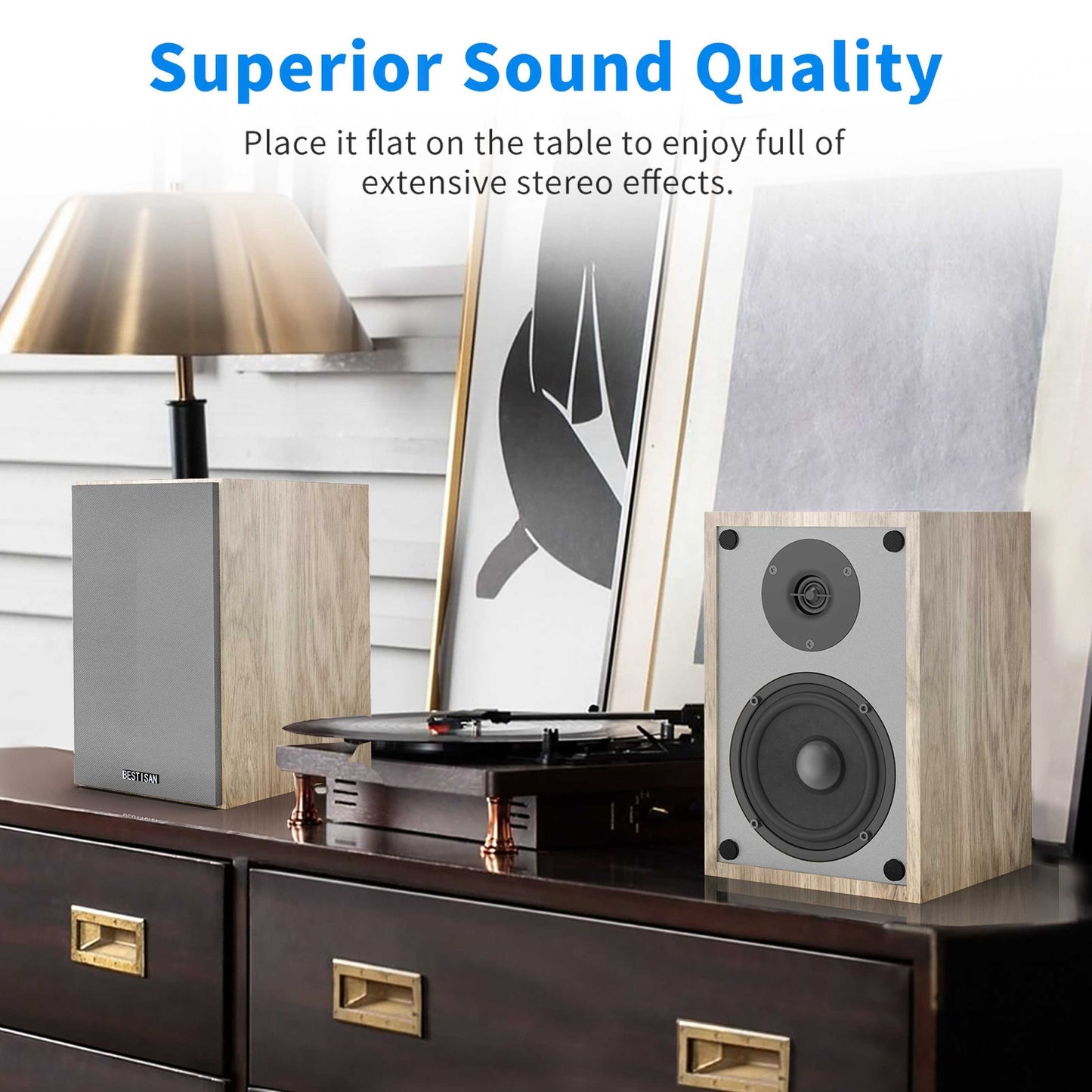BESTISAN 50W Powered Bookshelf Speakers - Dynamic Stereo Sound for Vinyl, TV, and Desktop, Sleek Wooden Design with RCA Input, Pair