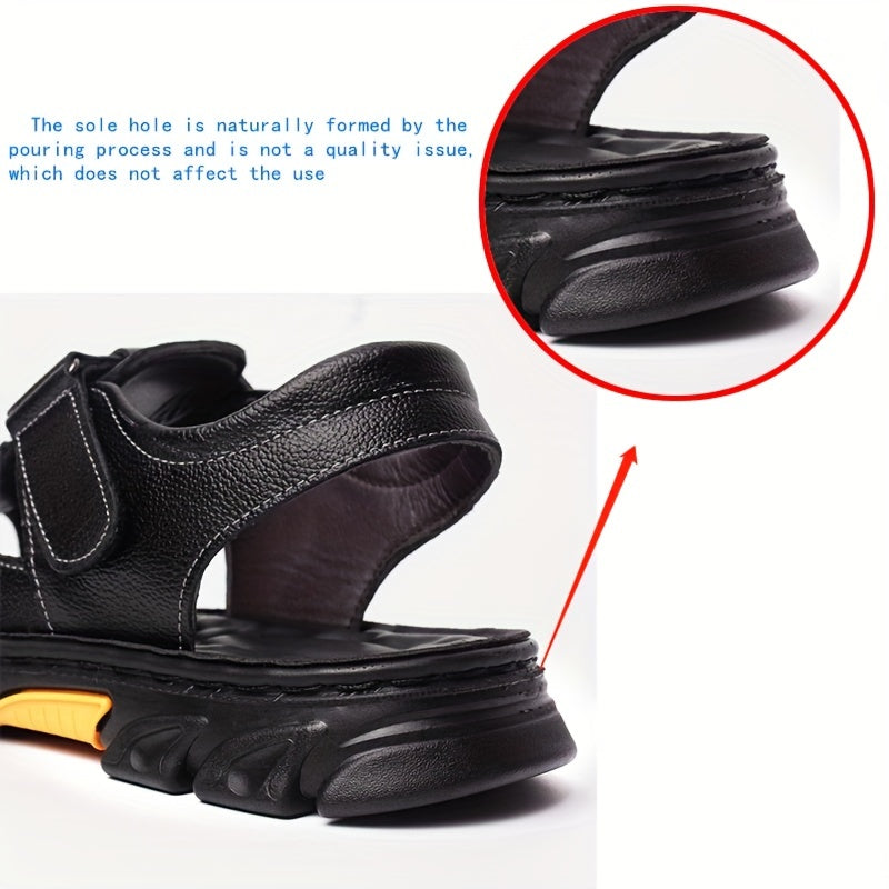 2023 New Men's Genuine Leather Casual Beach Sandals - Slip-On Adjustable Straps, Soft PU Sole, Breathable Summer Vacation Shoes for Driving & Outdoor Activities (Solid Color), Summer Sandals