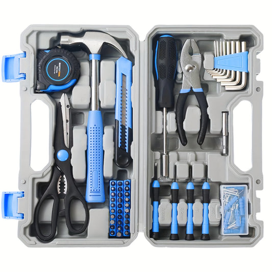 126pcs Durable Metal Hand Tool Set with Plastic Storage Case - Household & Automotive Repair Kit, No Electricity Needed, Blue, Manual Task Essentials|Ergonomic Tool Design|Molded Case Interior
