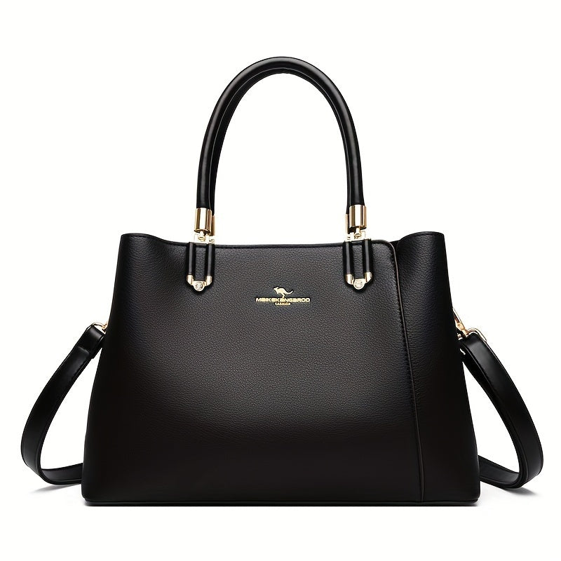 Elegant Women's Handbag with Detachable Adjustable Strap – Large Capacity Satchel, White & Brown Design, Golden-Tone Hardware, Perfect for Work or Casual Outings
