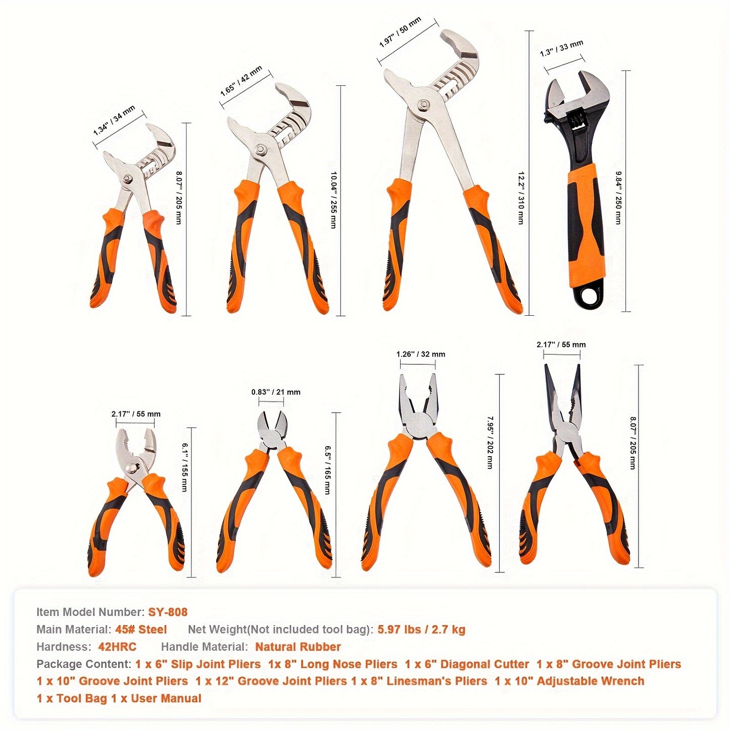 VEVOR 8-Piece Pliers Set, High Carbon Steel, 12"/10"/8" Groove Joint Pliers, 8" Linesman's Pliers, 6" Slip Joint Pliers, 8" Long Nose Pliers, 6" Diagonal Cutter, 10" Adjustable Wrench, And Tool Bag