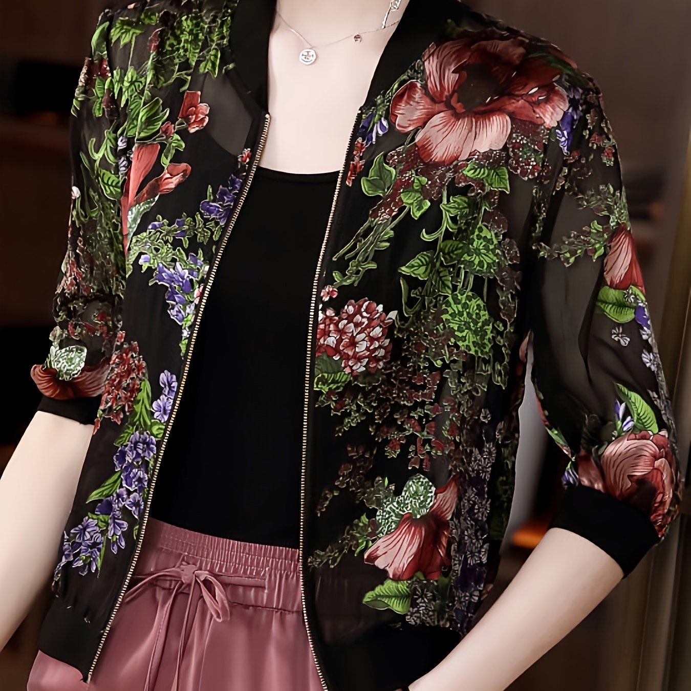 Floral Print Zip Up Lightweight Jacket, Casual Long Sleeve Baseball Collar Outerwear For Spring & Summer, Women's Clothing