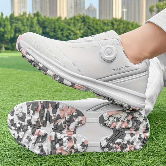 Golf Shoes, THESTRON Women's Professional Golf Shoes - Anti-Slip, All-Season, Large Size 36-43, White & Pink Design with Geometric Pattern, Durable PU Upper & Rubber Sole for Outdoor Golf Training, Ladies Golf Shoes