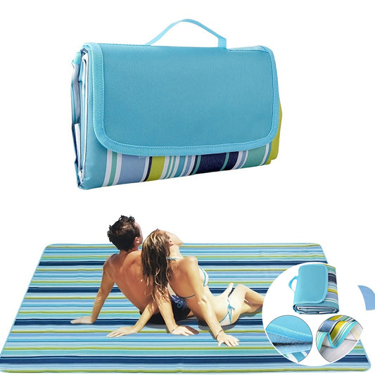 Oversized 80" x 60" Outdoor Picnic Blanket - Portable Beach Mat with Vibrant Blue & Green Stripes, Durable Oxford Cloth, Ideal for Camping, Hiking, and Vacation, All-Season Use, Camping Essentials | Vibrant Striped Design | D