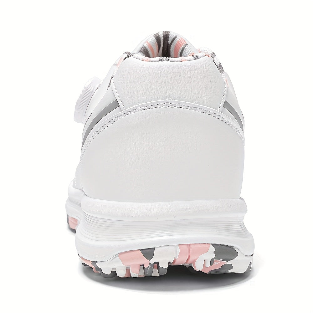 Golf Shoes, THESTRON Women's Professional Golf Shoes - Anti-Slip, All-Season, Large Size 36-43, White & Pink Design with Geometric Pattern, Durable PU Upper & Rubber Sole for Outdoor Golf Training, Ladies Golf Shoes