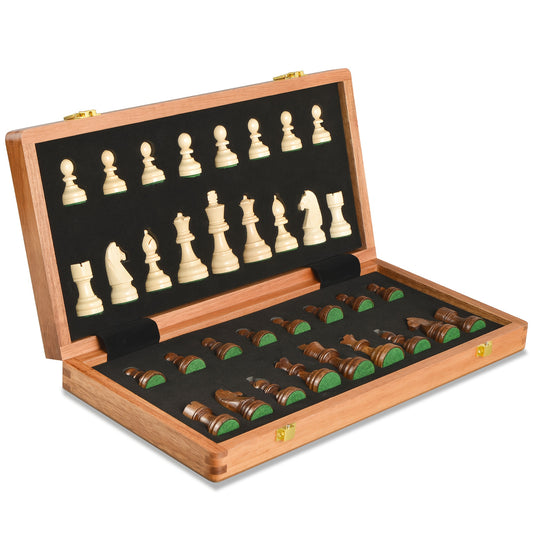Chess / 15" x 15" Premium Folding Chess Set - Handcrafted Solid Wood Pieces, Classic Design with Black & White Checkers, Includes 2 Rooks, 2 Knights, 2 Bishops, 2 Queens, 1 King, 1 Knight, 1 Bishop, 1 Queen, 1 King - Ideal Gift for H