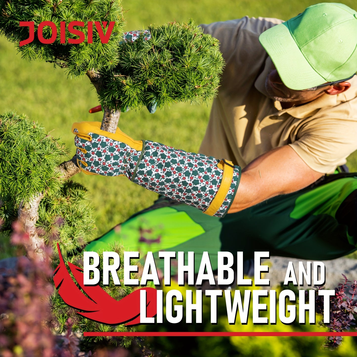JOISIV Women's Long Gardening Gloves - Durable Green Floral Print, Thorn-Proof Gauntlet for Yard Work, Breathable Cowhide Design, Touchscreen Compatible, Perfect for Gardening and Outdoor Activities (Pair), Garden Tools