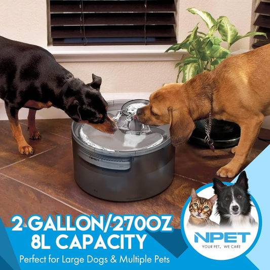 NPET DF30 Dog Water Fountain, 2 Gallon/270oz/8L Large Automatic Dog Water Bowl Dispenser, Pet Water Fountain with Splatter Guard, Cleaning Kit for Large Dogs & Multiple Pets, Without Battery