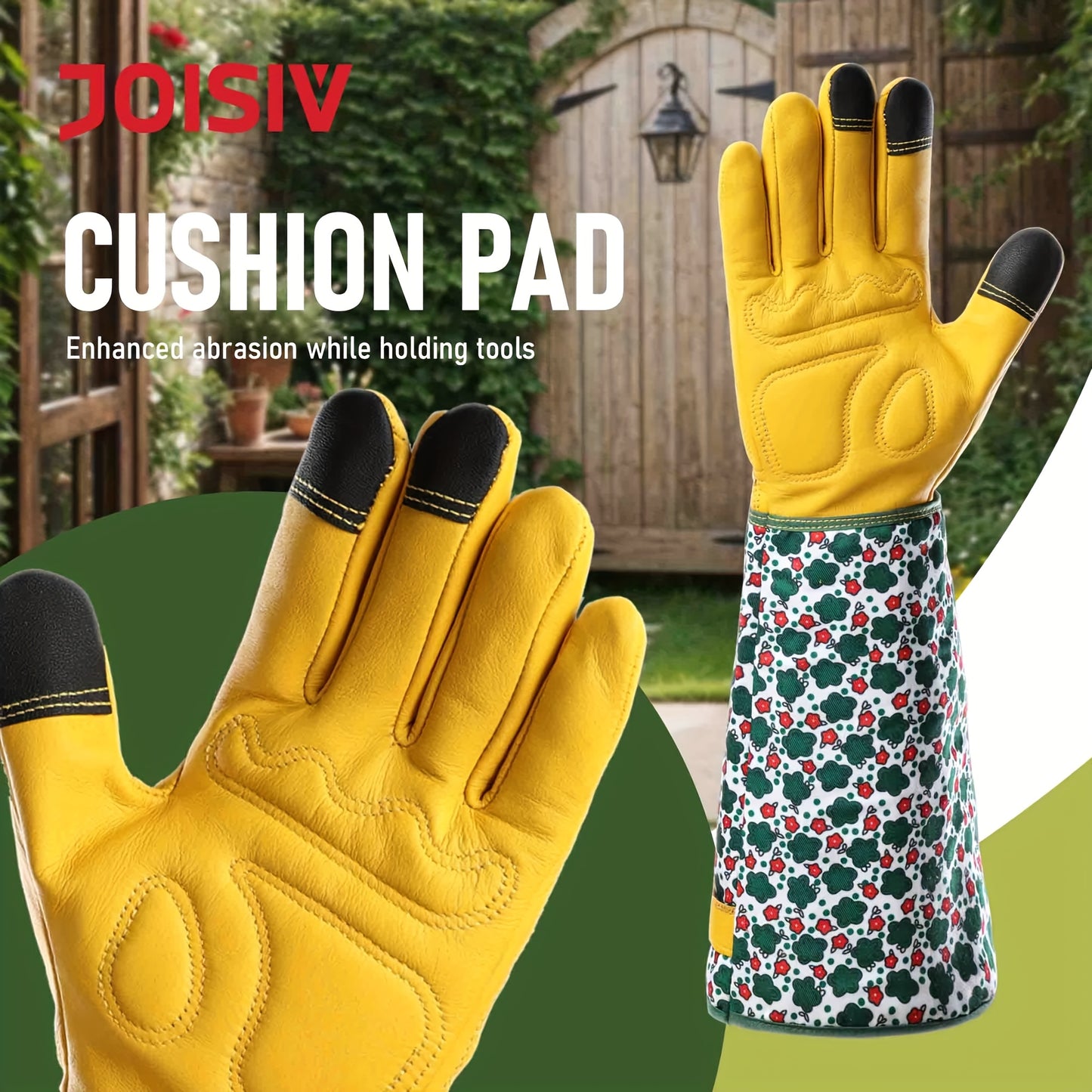 JOISIV Women's Long Gardening Gloves - Durable Green Floral Print, Thorn-Proof Gauntlet for Yard Work, Breathable Cowhide Design, Touchscreen Compatible, Perfect for Gardening and Outdoor Activities (Pair), Garden Tools