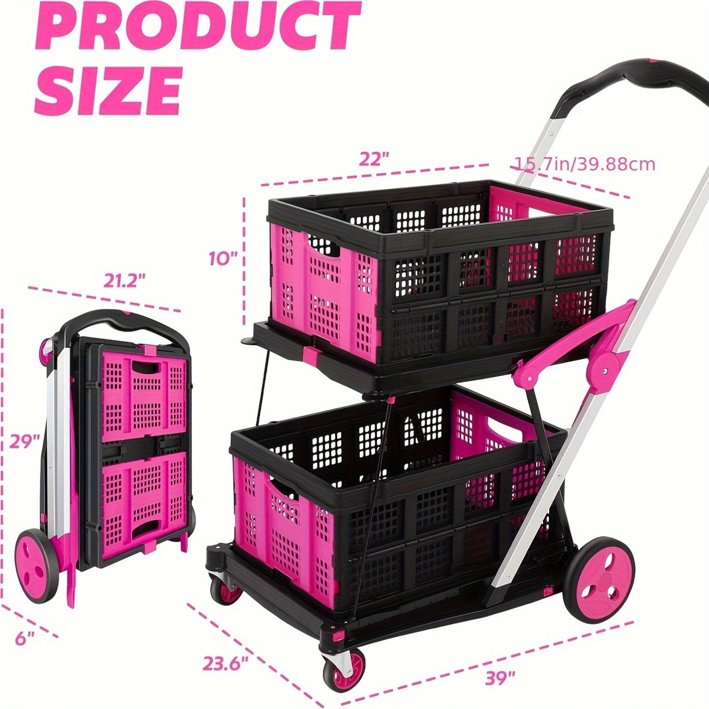 2-Tier Folding Utility Cart with Wheels - Pink & Black Aluminum Shopping Trolley, Double-Collapse Design for Groceries, Malls, and Outdoor Use, Grocery Cart, Mall Shopping, Modern Cart, Durable Construction