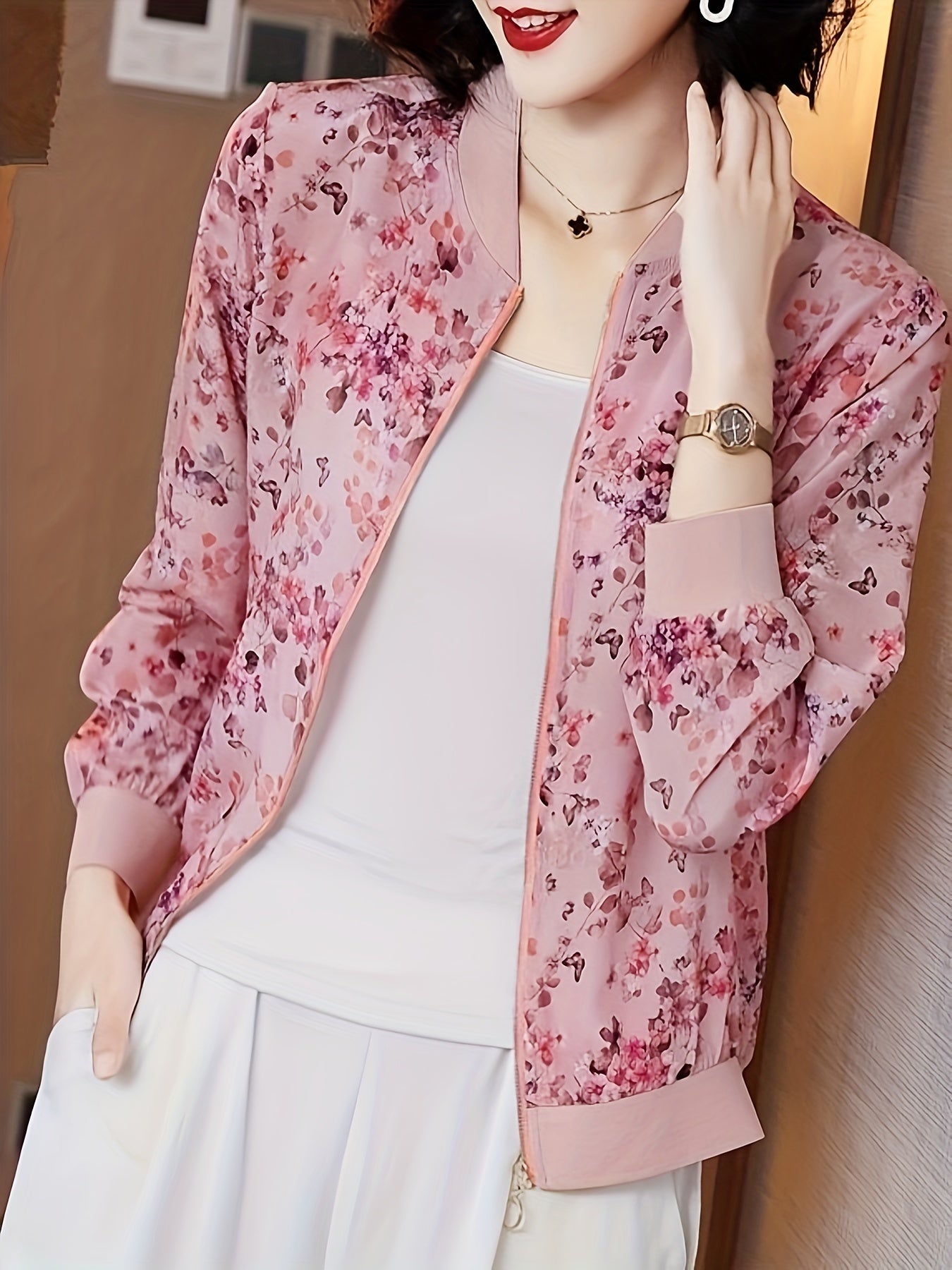 Floral Print Zip Up Lightweight Jacket, Casual Long Sleeve Baseball Collar Outerwear For Spring & Summer, Women's Clothing