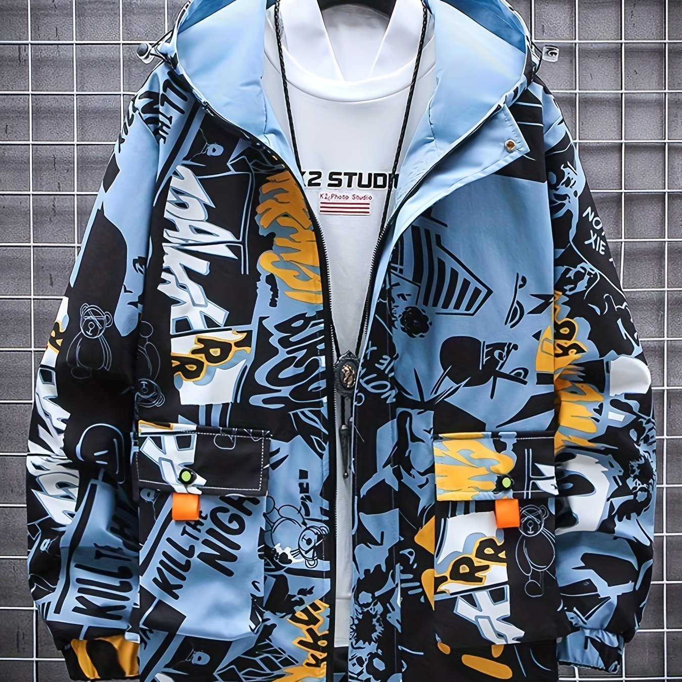 Spring And Autumn Men's Fashion Graffiti Mid Length Windbreaker Popular Hooded And Handsome Men's Jacket Popular Versatile Men's And Women's Same Windbreaker Jacket