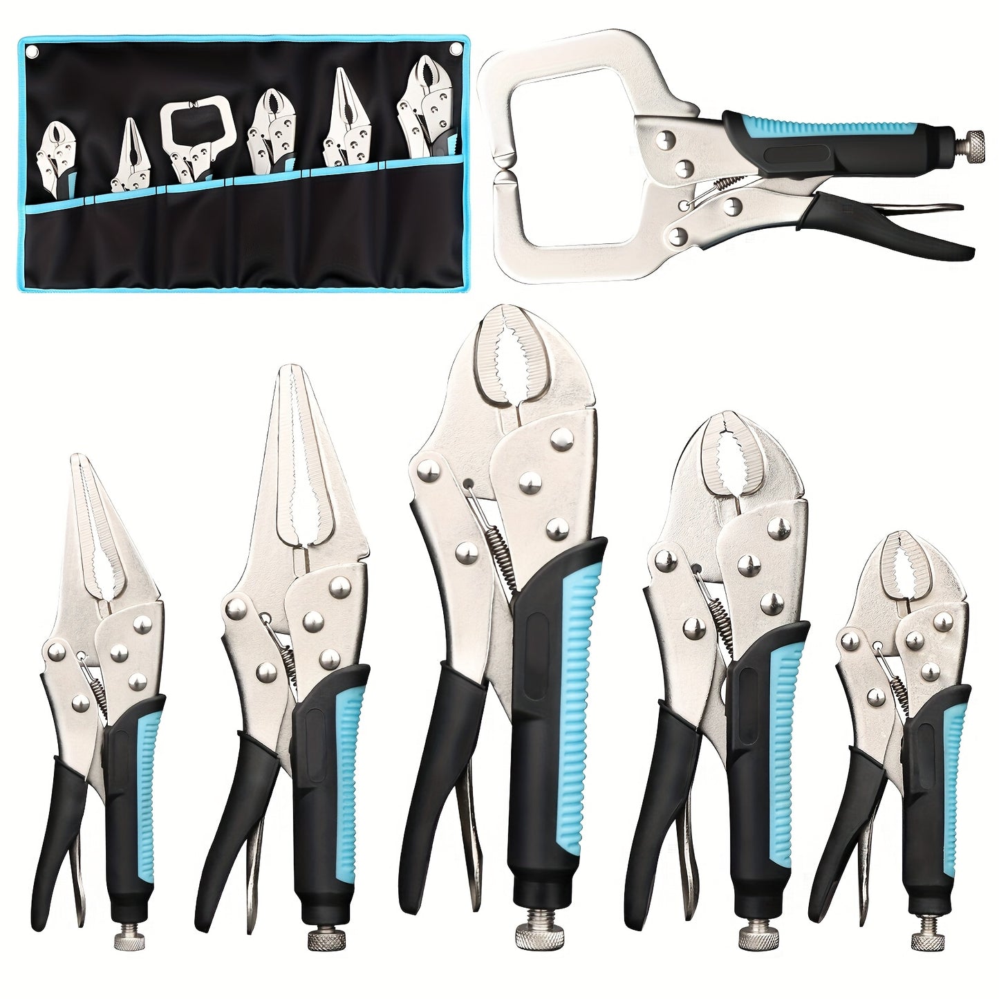 Vice Grips / 6pcs Locking Pliers, Vice Grips Pliers Set, 5", 7" & 10" Curved Jaw Locking Pliers, 6-1/2" & 9-1/2 Long Nose Locking Pliers, 6" Locking C-Clamp, Two-Color TPR Handle, Roll Up Pouch Included